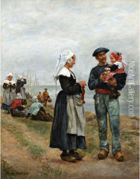 < En Famille Surune Plage Du Oil Painting - Lucien Alphonse Gros
