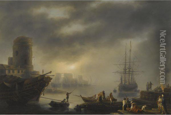 A Mediterranean Port With Sailors Unloading Cargo In The Foreground Oil Painting - Claude-joseph Vernet