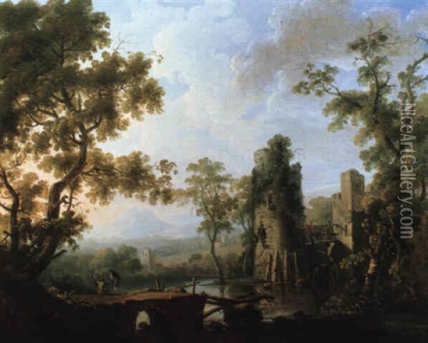 A Wooded River Landscape With Anglers And A Ruined Mill Oil Painting - George Barret