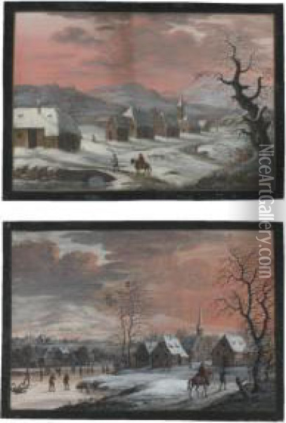 A Pair Of Winter Landscapes With Travellers Near Villages Oil Painting - Jacques Willem Van Blarenberghe