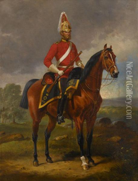 Portrait Of A British Dragoon Guard On Horseback Oil Painting - Alfred F. De Prades
