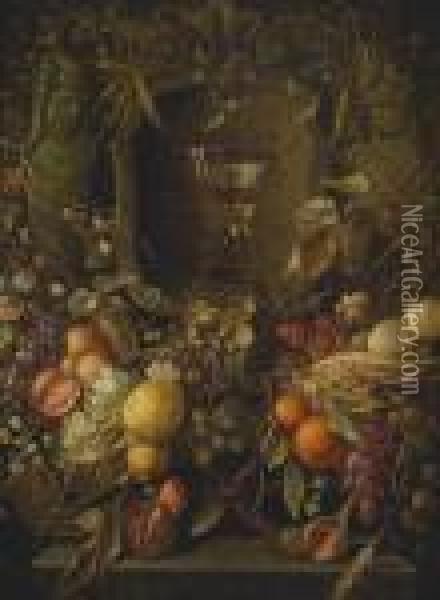 Garlands Of Fruit And Flowers Surrounding A Cartouche Enclosing A Berkemeyer Glass Oil Painting - Jan Davidsz De Heem