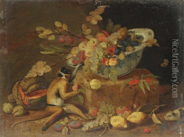 Nature Morte Aux Fruits, Coupe Blanche Et Bleue Et Singe Oil Painting - Jan van Kessel the Younger