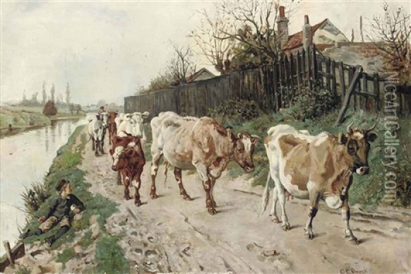 Driving The Herd Home Oil Painting - Charles Edward Brock