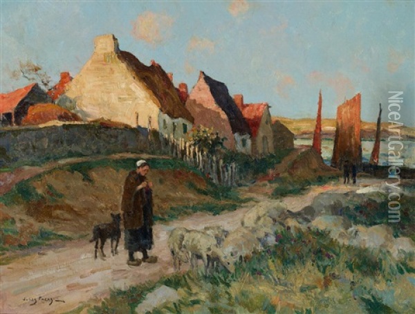 French Fishing Village Scene Oil Painting - Jules Eugene Pages