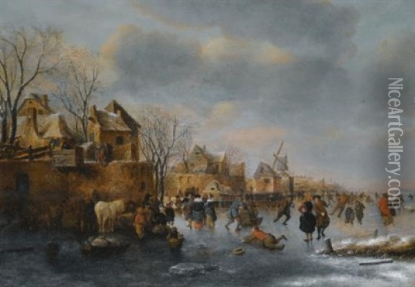 An Extensive Winter Landscape With Numerous Figures On The Ice Oil Painting - Nicolaes Molenaer