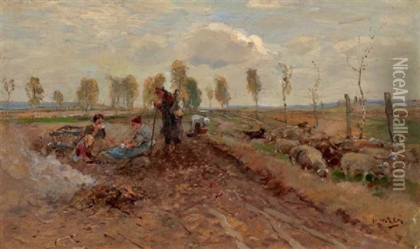 Bauern Mit Schafherde Und Hund Warmen Sich An Einem Feuer Oil Painting - Hugo Muehlig