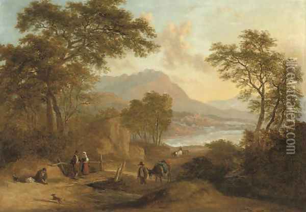 An Alpine river landscape with figures on a track in the foreground, a town beyond Oil Painting - Ramsay Richard Reinagle