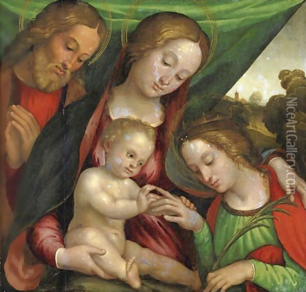 Sacra Famiglia Con Matrimonio Mistico Di Santa Caterina Oil Painting - Girolamo Marchesi da Cotignola
