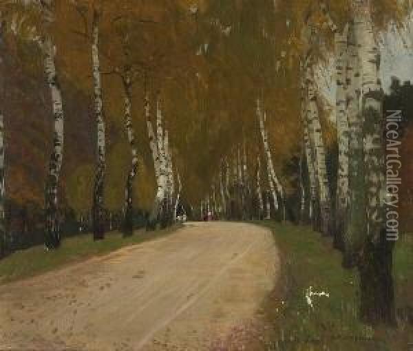 Birkenallee Im Herbst. Oil Painting - Gustav Wilhelm Lautenschlager