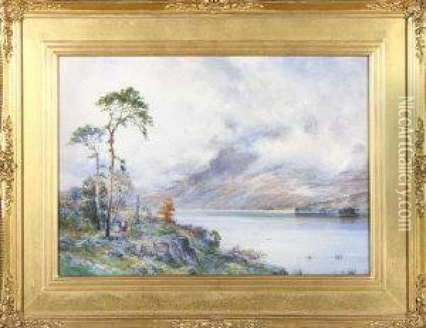 A Lakeland Scene With Mist On The Hills In The Distance Oil Painting - William John Baker