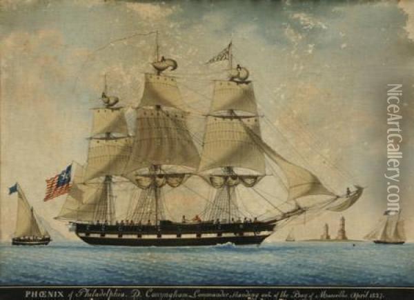 Phoenix Of Philadelphia. D. 
Conyngham Commander, Standing Outof The Bay Of Marseilles, April 1827 Oil Painting - Joseph Honore Maxime Pellegrin