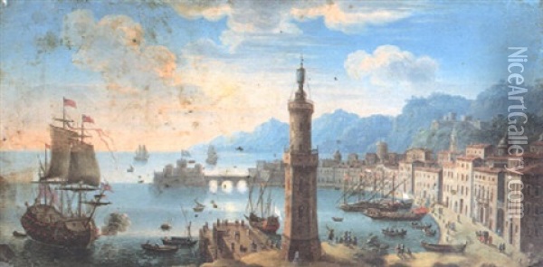 A Capriccio View Of A Mediterranean Port With Lighthouse Oil Painting - Orazio Grevenbroeck