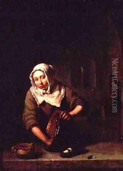 Woman Cleaning Oil Painting - Caspar Netscher