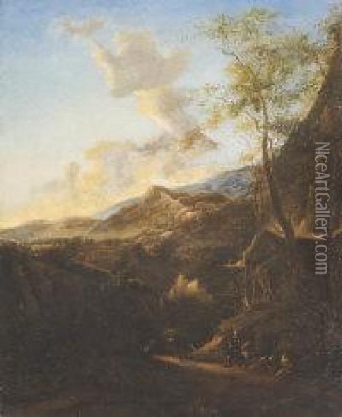 Travellers With Dogs And Donkey On A Wooded Mountainous Pathway Oil Painting - Michiel Carre