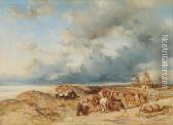 Kustlandskap Med Figurer Oil Painting - Eugene Isabey
