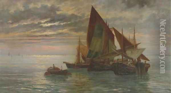 Boats at Sunset Oil Painting - Pietro Gabrini