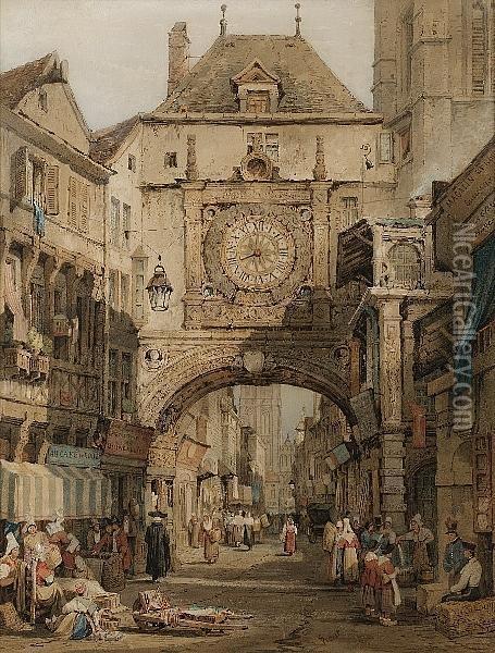 Rue Gros Horloge, Rouen; A Continental Street, A Pair Oil Painting - Samuel Prout