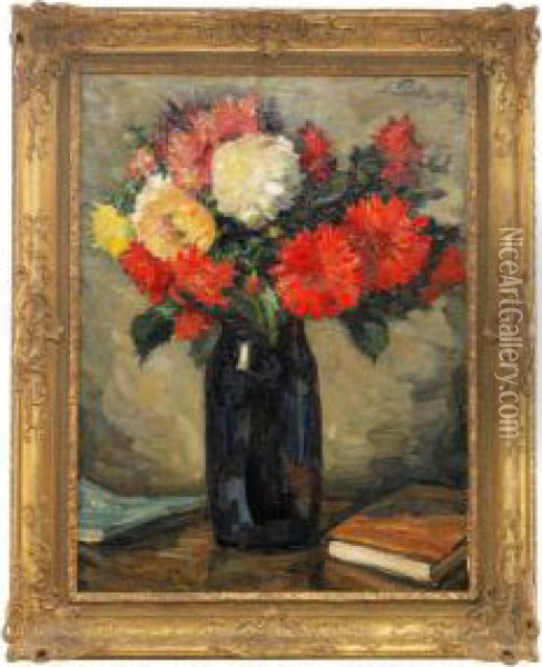 Still Life With A Blue Vase Of Dahlias Oil Painting - Leonid Ossipovich Pasternak