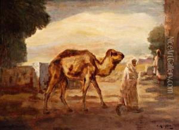 Noord-afrikaans Landschap Met Figuren En Kameel Oil Painting - Fedor Van Kregten