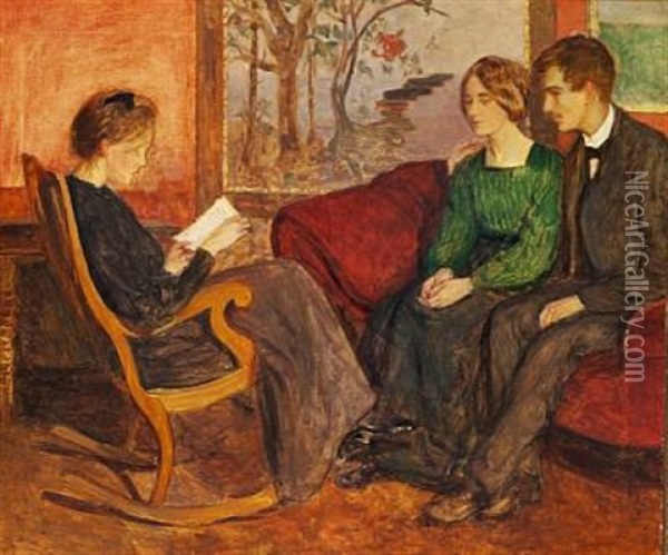 Interior With A Woman In A Rocking-chair And A Couple In A Sofa (anna Petersen, And The Danish Painter J. F. Willumsen, And His Wife The Painter Juliette?) Oil Painting - Anne Sophie Petersen