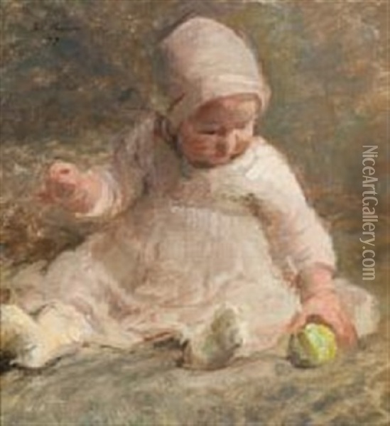 A Little Girl Is Playing With A Green Apple Oil Painting - Julius Paulsen