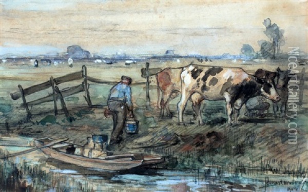 Een Boer Bij Zijn Koeien Oil Painting - August Willem van Voorden