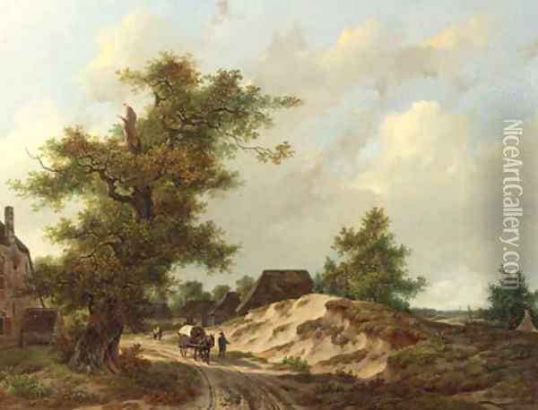 Travellers on a sandy track through a village in a wooded landscape Oil Painting - Adrianus Van Der Koogh