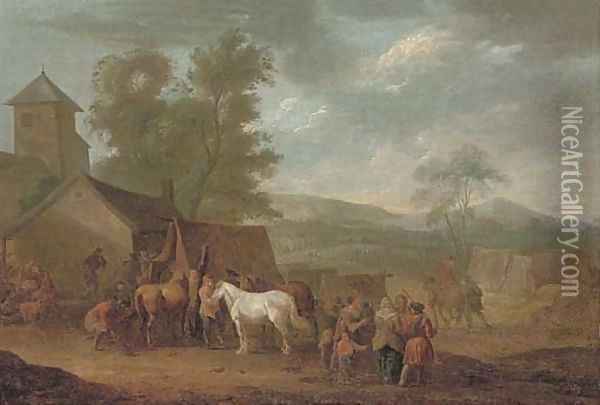 A wooded landscape with horses and figures by a farrier Oil Painting - Jan Peeter Verdussen