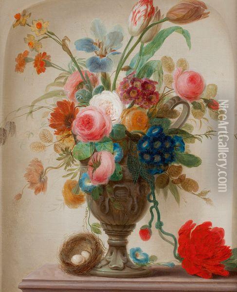Vase De Fleurs Et Nid Sur Un Entablement Oil Painting - Hendrick Willelm Schweickhardt