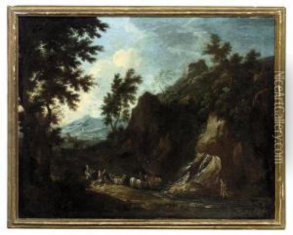 A Rocky Italianate Landscape With Drovers And Cattle Oil Painting - Antonia Tempesta