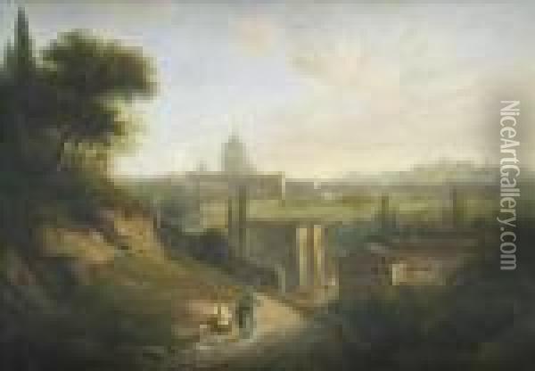 Aview Of Rome, Travellers On A Hillside Track Oil Painting - William James Muller