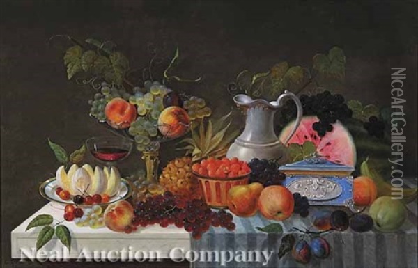 Still Life With Peaches, Watermelon And Grapes Oil Painting - Carl Otto