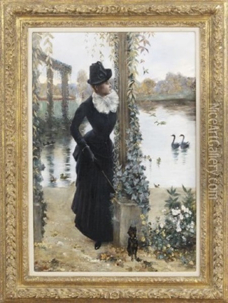 Jeune Femme Au Petit Chien Noir Oil Painting - Norbert Goeneutte