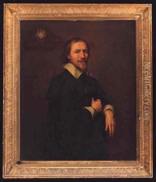 Portrait Of A Gentleman, Three-quarter-length, In A Black Coat Andwhite Shirt Oil Painting - Cornelius Jonson