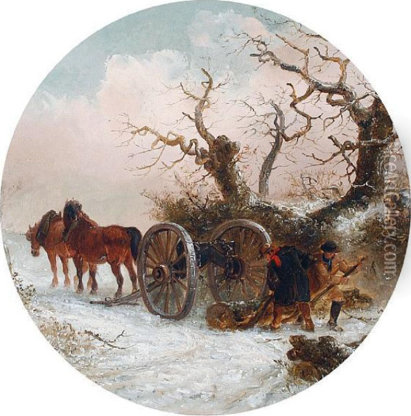Woodsmen And Horses Moving A Tree Trunk In A Snowy Landscape Oil Painting - Thomas Smythe