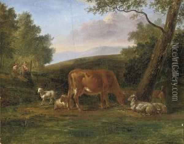 A Wooded Landscape With Grazing Farm Animals And A Shepherdess And Shepherdess At Rest Oil Painting - Jacob Van Stry