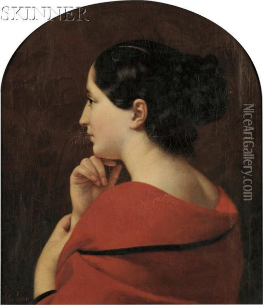 Portrait In Profile Of A Young Woman With A Red Drape Oil Painting - Jules Laure
