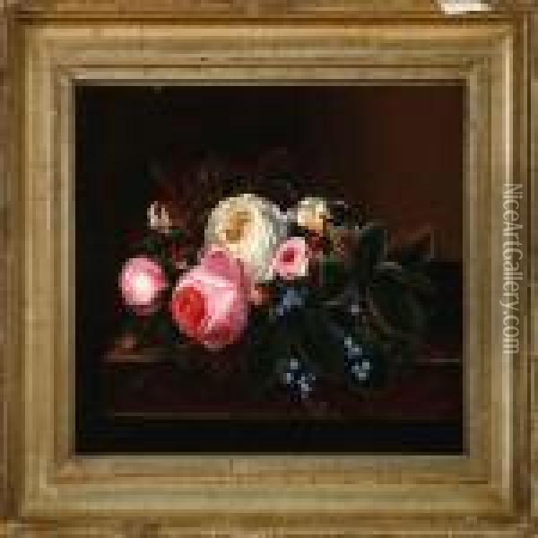 Flower Bouquet On A Stone Frame Oil Painting - I.L. Jensen