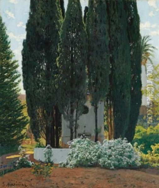 La Fuente De Los Cipreses (the Cypress Fountain) Oil Painting - Santiago Rusinol