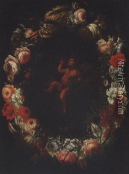 A Garland Of Flowers Surrounding A Putto Blowing Bubbles Oil Painting - Pier Francesco Cittadini