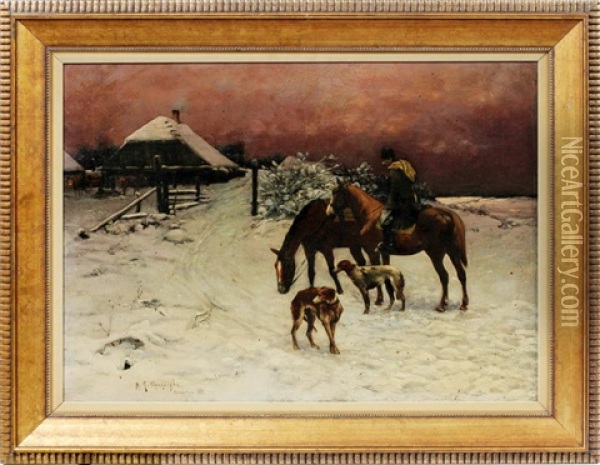 Winter Farm Scene Oil Painting - Michael Gorstkin-Wywiorski