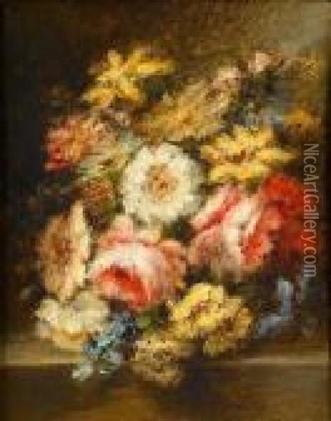 Flowers On A Ledge Oil Painting - Narcisse-Virgile D Az De La Pena