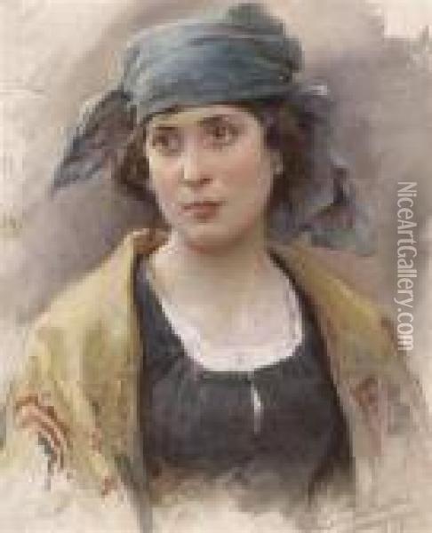 A Girl With A Green Headscarf Oil Painting - Ludwig Passini