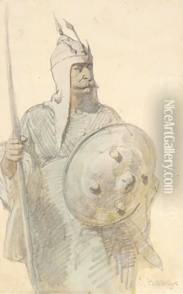 An Indo-Persian Warrior Oil Painting - Carl Haag