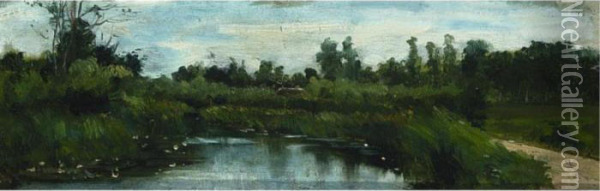Landscape With Trees Near A Pond Oil Painting - Geo Poggenbeek