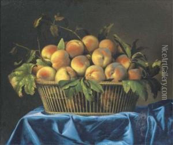 Peaches In A Wicker Basket On A Draped Table Oil Painting - Pierre Dupuis