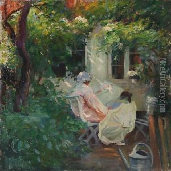 A Young Girl In A Pink Dress With A Parasol In The Garden, Presumably In Dragor Oil Painting - Sally Philipsen