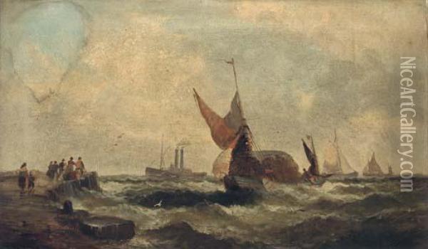 Shipping In A Swell; And Shipping Coming Into A Quay Oil Painting - William A. Thornley Or Thornber