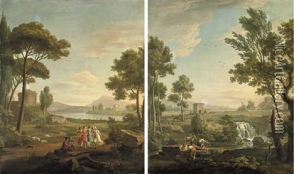 An Italianate River Landscape With A Ruin, With Musicians And Dancers In The Foreground (+ An Italianate Landscape, With Young Boys Fishing Near A Cascade, A Castle Beyond; Pair) Oil Painting - Carlo Labruzzi